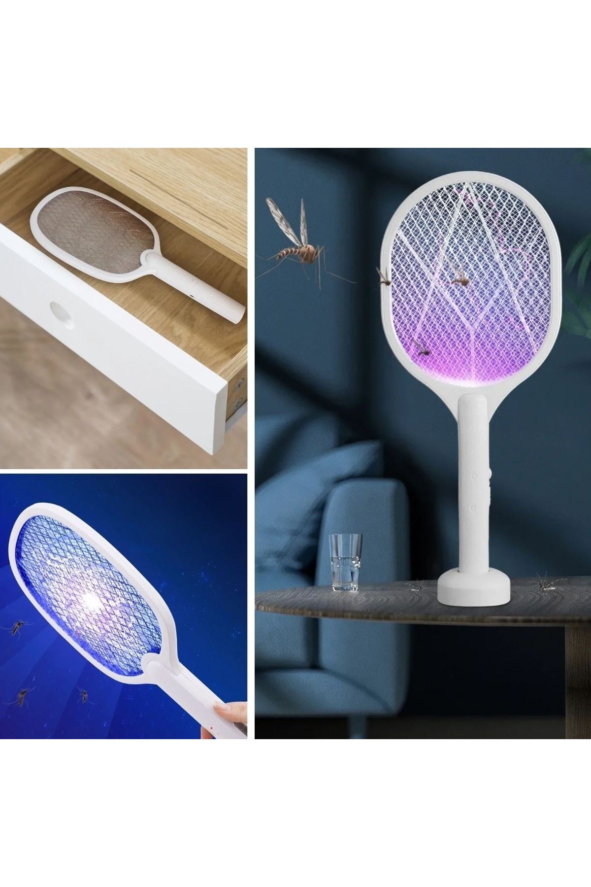 Tbl Dekor® Şarjlı Sinek Öldürücü Masaüstü Standlı,Mor Işık Sinek Kovucu Raket 5w