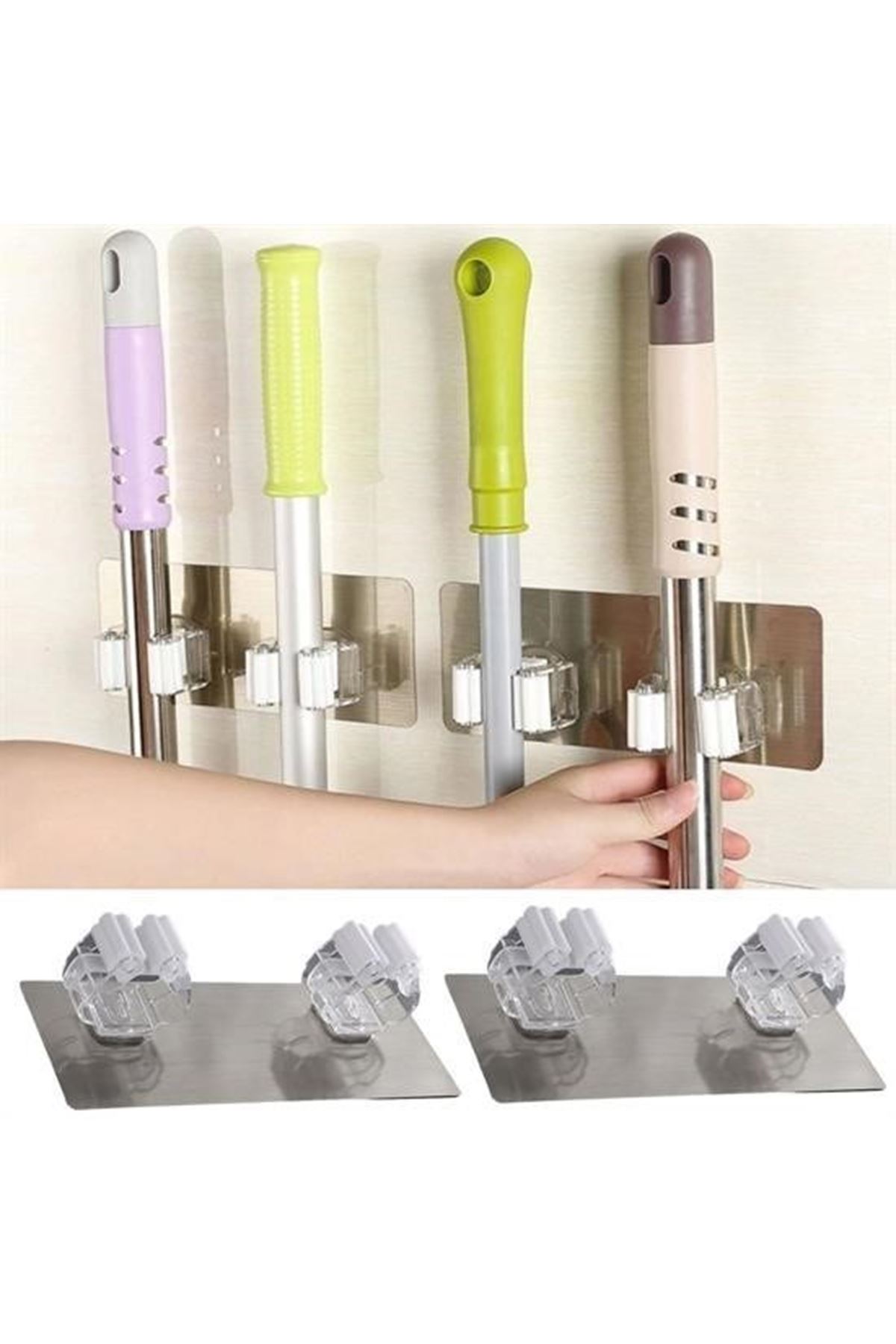 Tbl Dekor® Pratik Organizer 4lü Yapışkanlı Fırça Paspas Mop Fırça Sabitleyici Ergonomik Alet Aparatı