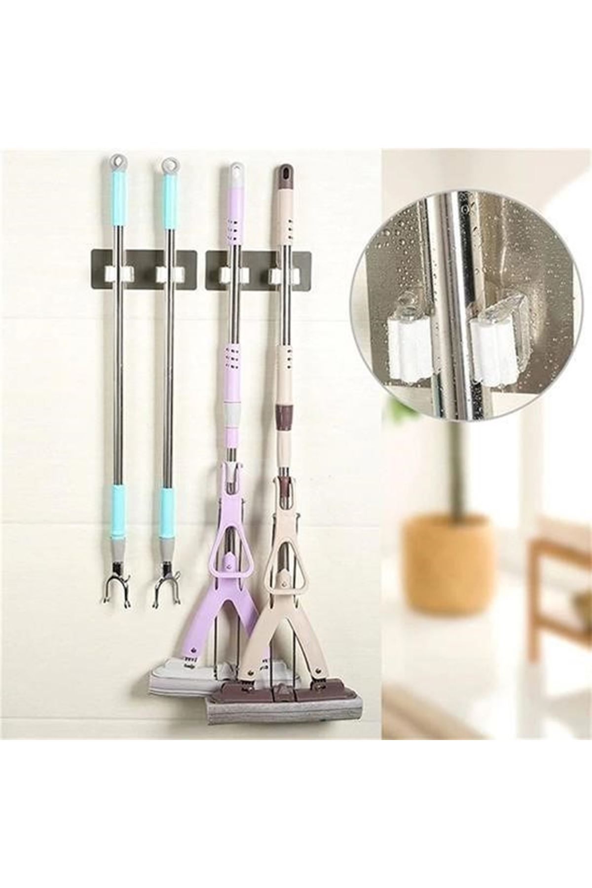 Tbl Dekor® Pratik Organizer 4lü Yapışkanlı Fırça Paspas Mop Fırça Sabitleyici Ergonomik Alet Aparatı