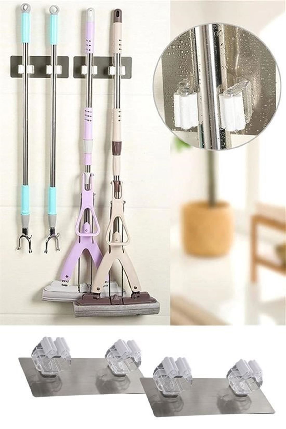 Tbl Dekor® Pratik Organizer 4lü Yapışkanlı Fırça Paspas Mop Fırça Sabitleyici Ergonomik Alet Aparatı