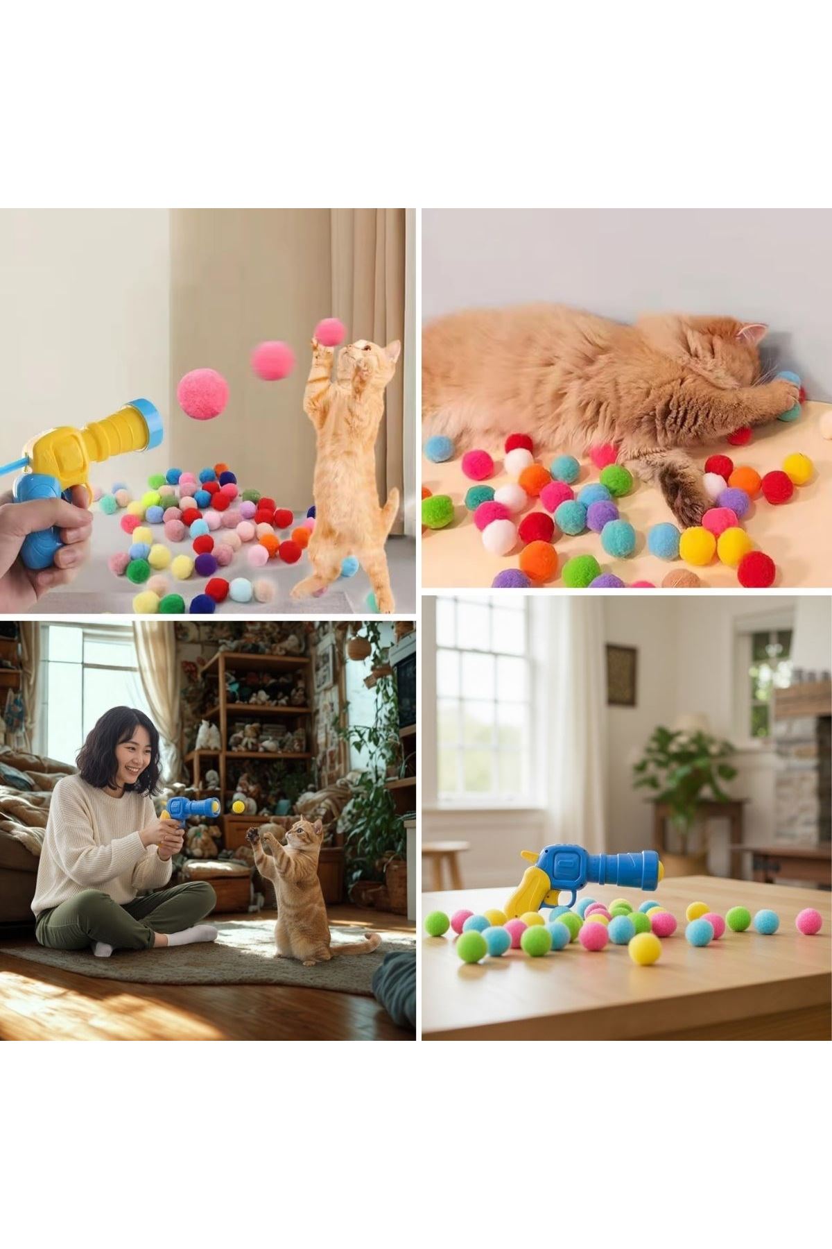 Tbl Dekor®  20 Adet Renkli Peluş Toplu Kedi Oyun Tabancası – Kedi Egzersiz ve Oyun Aracı