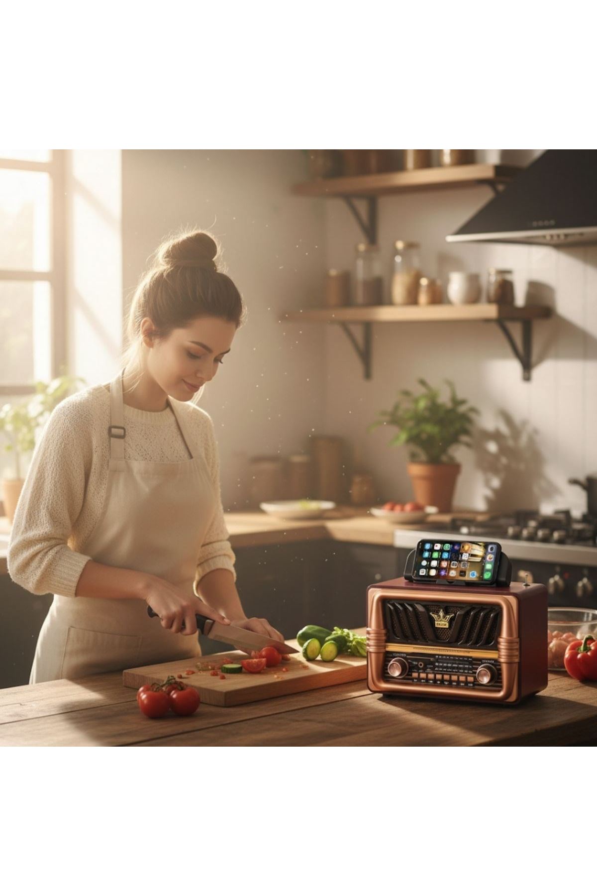 Tbl Dekor® Büyük Boy Telefon Tutma Saplı Retro Ahşap Tasarım Bluetooth Hoparlörlü Radyo – FM/AM Destekli, Şarjlı ve Taşınabilir Radyo NS-8077