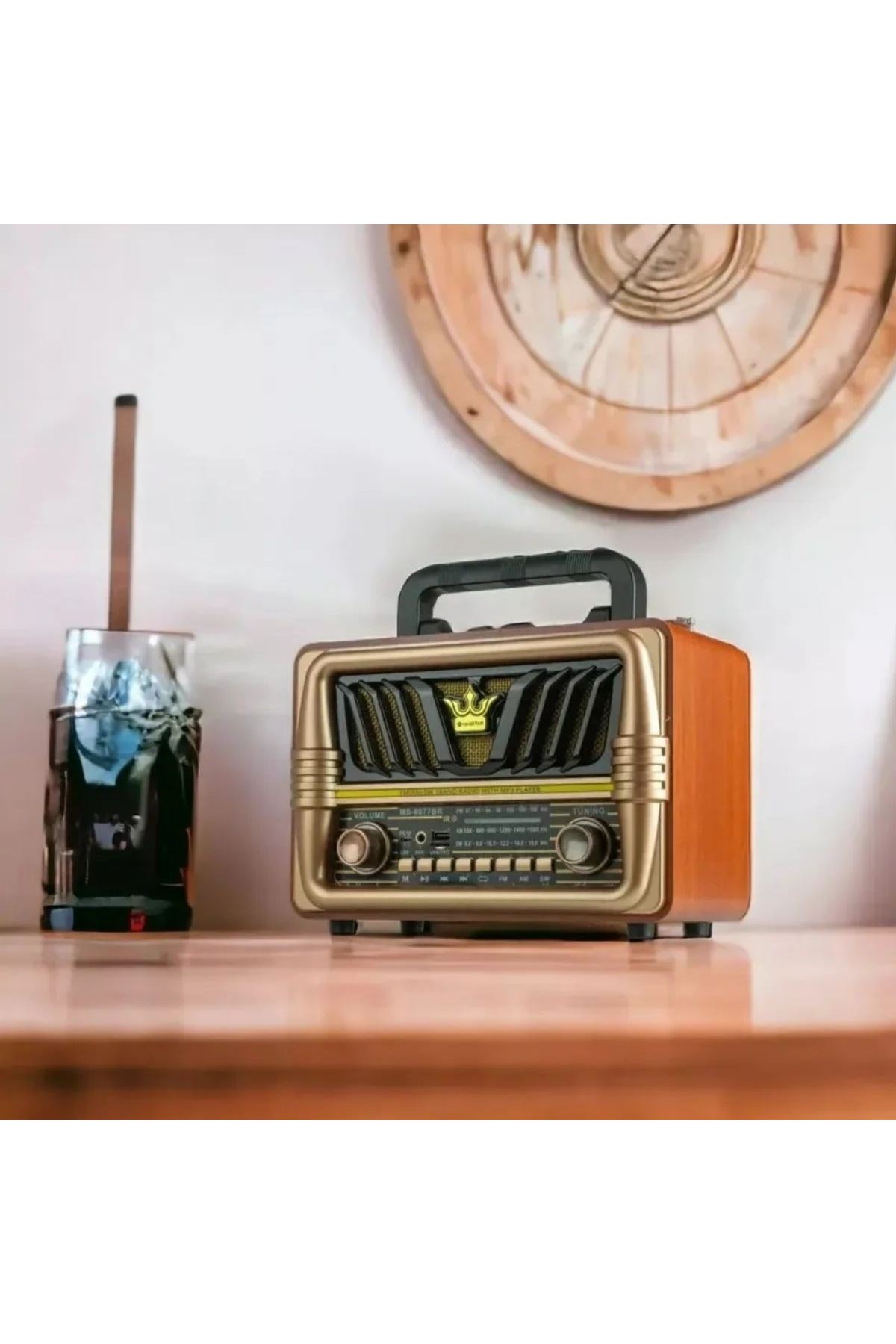 Tbl Dekor® Büyük Boy Telefon Tutma Saplı Retro Ahşap Tasarım Bluetooth Hoparlörlü Radyo – FM/AM Destekli, Şarjlı ve Taşınabilir Radyo NS-8077