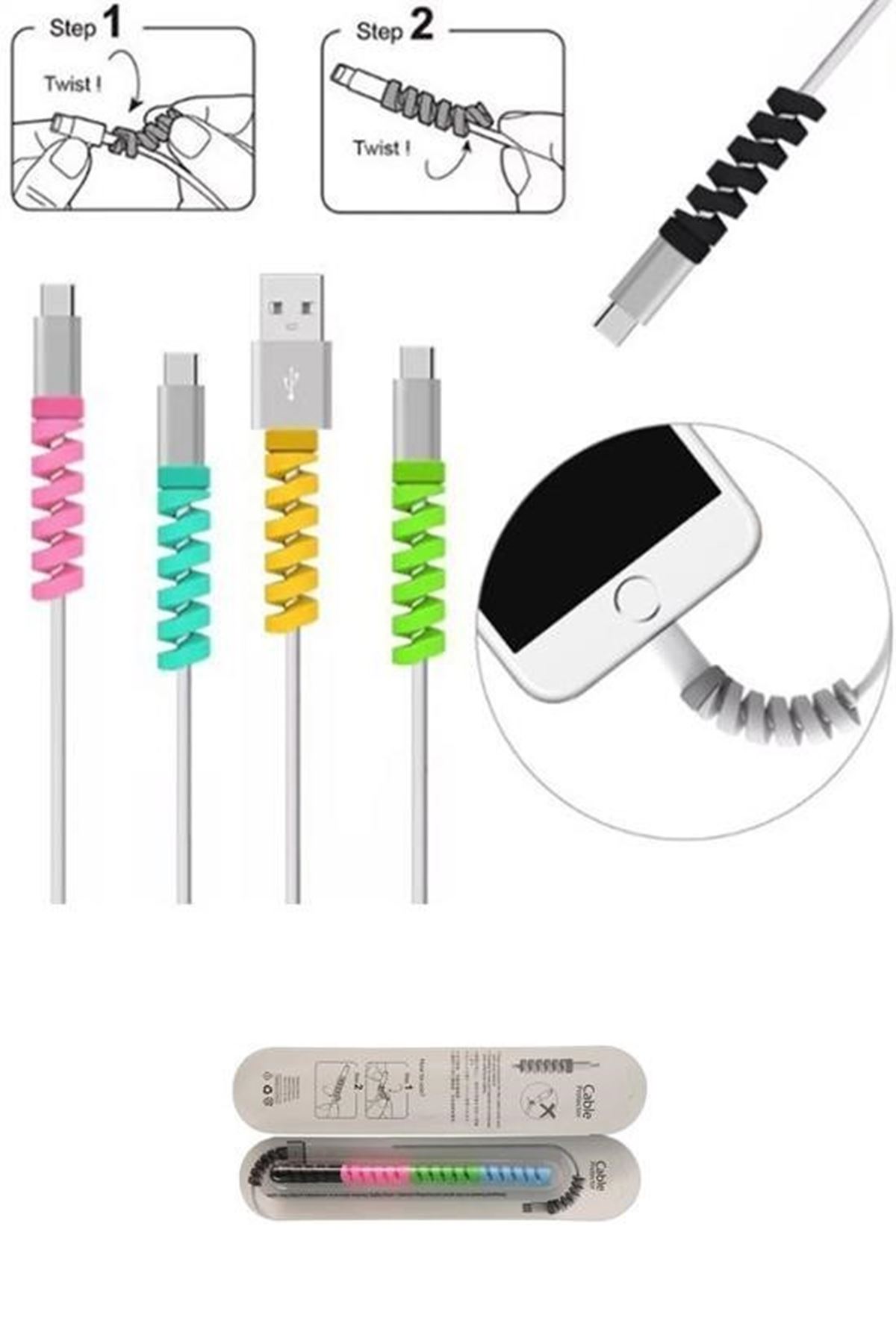 Tbl Dekor® 4lü Apple, Android Şaj Kablosu Koruyucu Silikon Spiral Yay Aparat