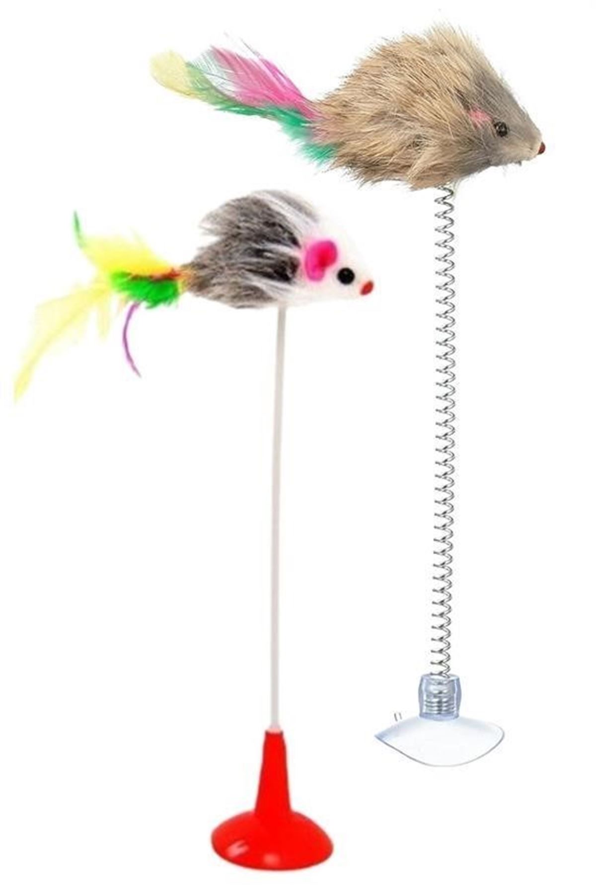 Tbl Dekor® 2li Vantuzlu Fareli Tüylü Hareketli Çanlı ve Esneyen Eğlenceli Peluş Kedi Oyuncağı