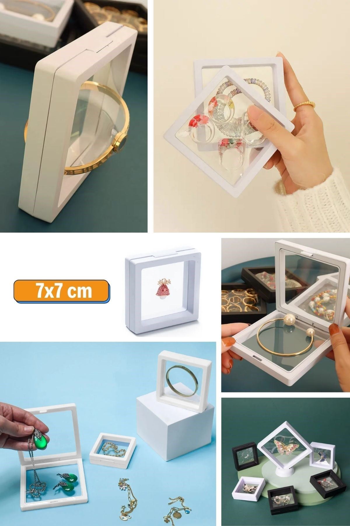 Tbl Dekor® 7x7 cm Standlı 3D Takı Ziynet Hatıra Koleksiyon Saklama Kutusu Şeffaf Film Çerçevesi