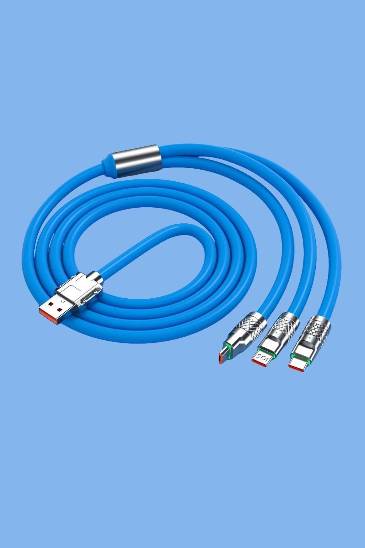 Tbl Dekor®Kutulu  3 Şarj Aleti 1 Arada Çinko Alaşım Hızlı Şarj Kablosu Mavi 3 in 1