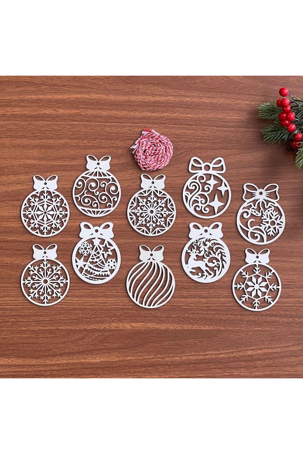 Tbl Dekor® 10 Parça Kırmızı Beyaz İpli Fiyonk Model Ahşap Yılbaşı Ağaç Süsü