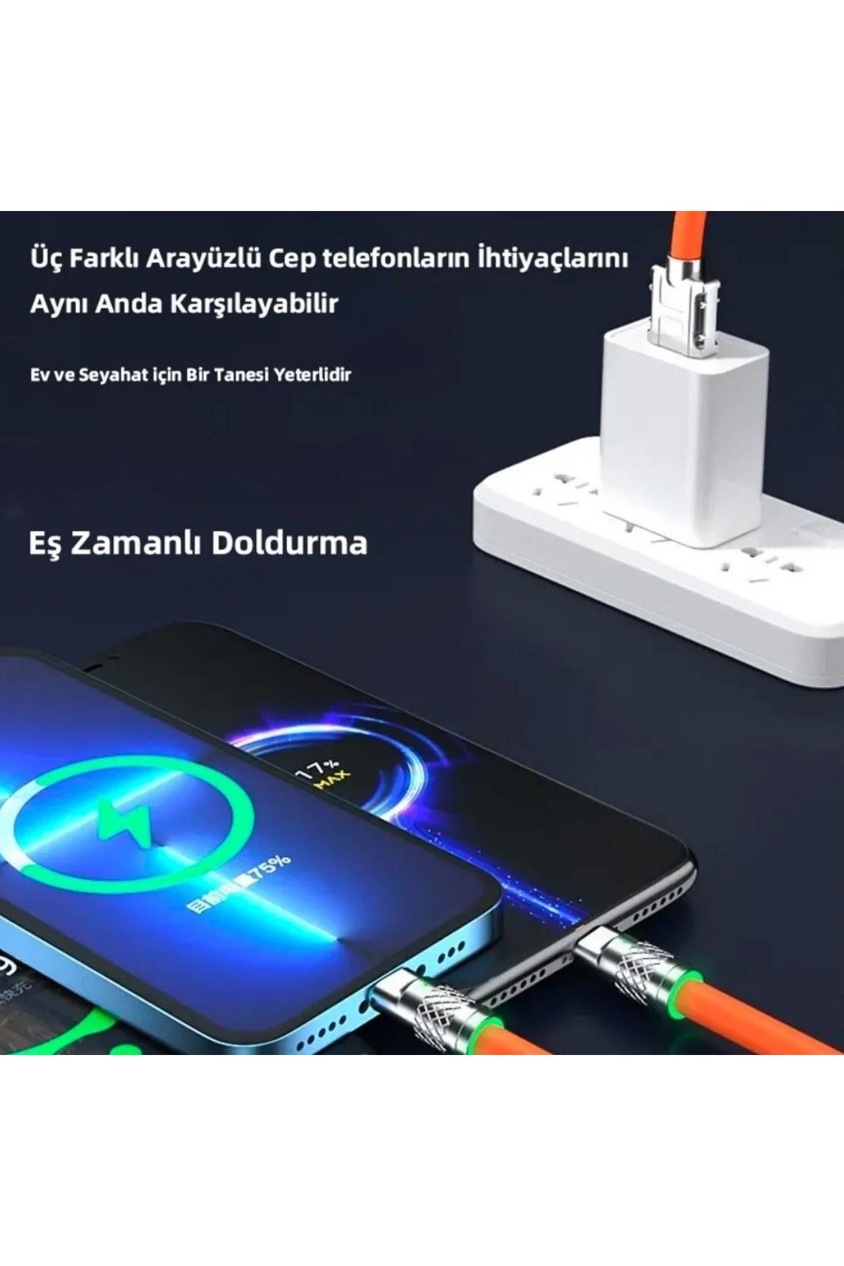 Tbl Dekor® 3 in 1 Type-C + Micro Usb + Lightning Hızlı Şarj Kablosu Silikon Kablo 1 Metre Opp Ambalaj