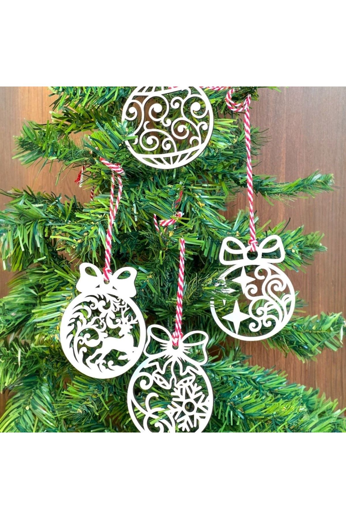 Tbl Dekor® 10 Parça Kırmızı Beyaz İpli Fiyonk Model Ahşap Yılbaşı Ağaç Süsü