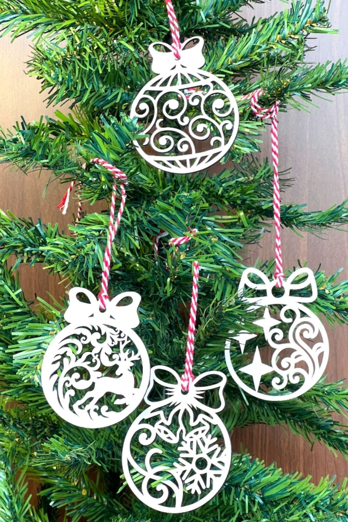 Tbl Dekor® 10 Parça Kırmızı Beyaz İpli Fiyonk Model Ahşap Yılbaşı Ağaç Süsü