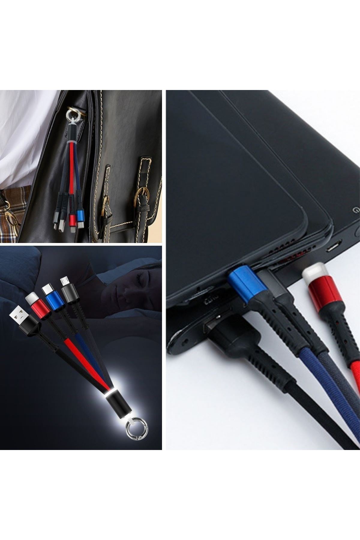 Tbl Dekor® Işıklı Anahtarlık Model 3 in 1 USB Çıkışlı MİKRO,TYPE-C ve İphone Uyumlu Şarj Kablosu