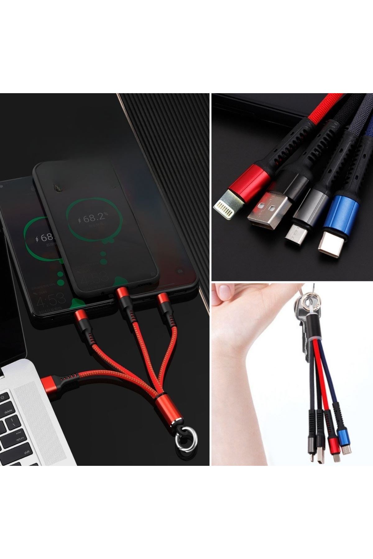 Tbl Dekor® Işıklı Anahtarlık Model 3 in 1 USB Çıkışlı MİKRO,TYPE-C ve İphone Uyumlu Şarj Kablosu