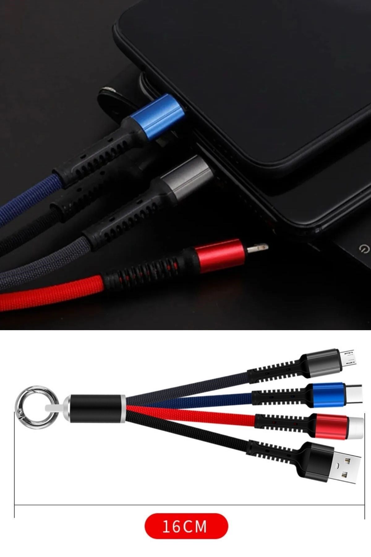 Tbl Dekor® Işıklı Anahtarlık Model 3 in 1 USB Çıkışlı MİKRO,TYPE-C ve İphone Uyumlu Şarj Kablosu