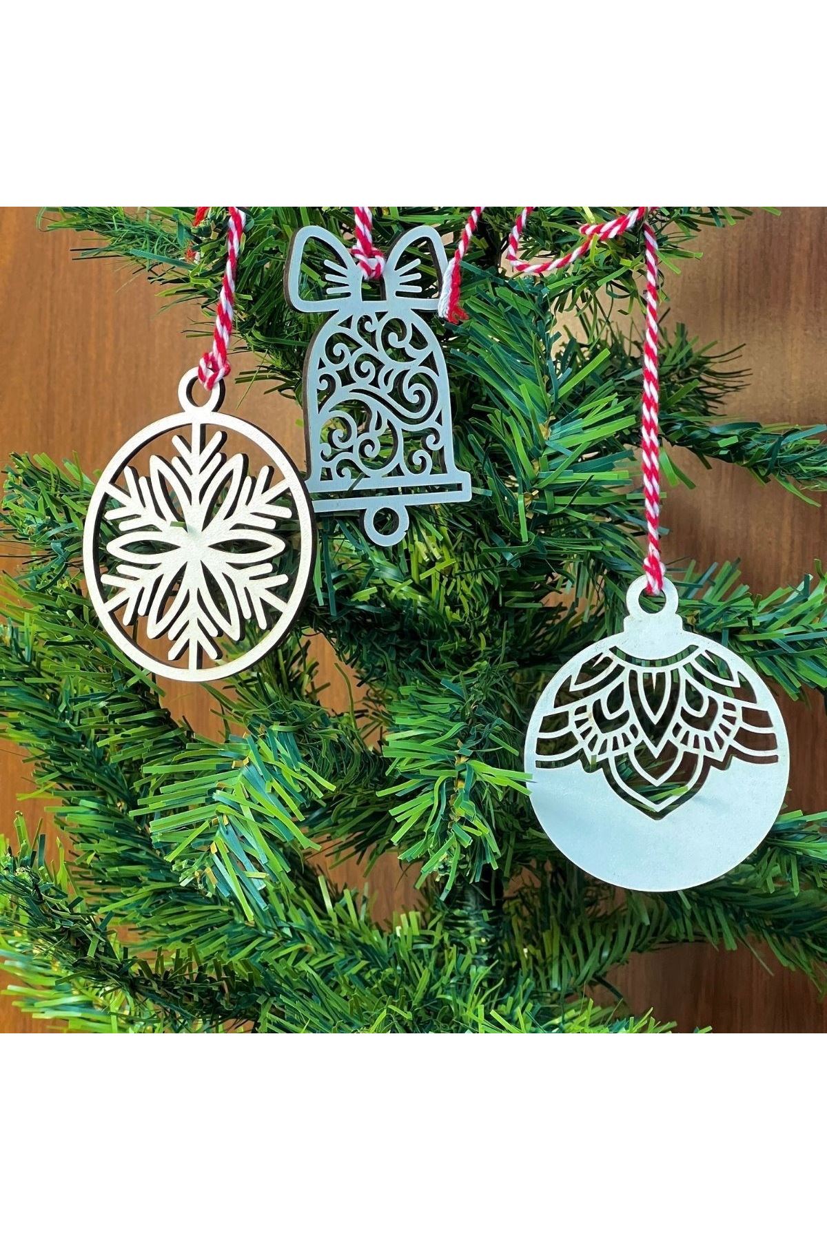 Tbl Dekor® 10 Parça Kırmızı Beyaz İpli Karışık Model Ahşap Yılbaşı Ağaç Süsü