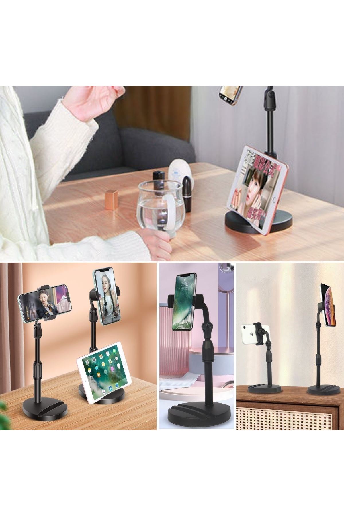 Tbl Dekor® Masa Üstü Tablet ve Telefon Tutucu Plastik Aparat Siyah Telefon Standı