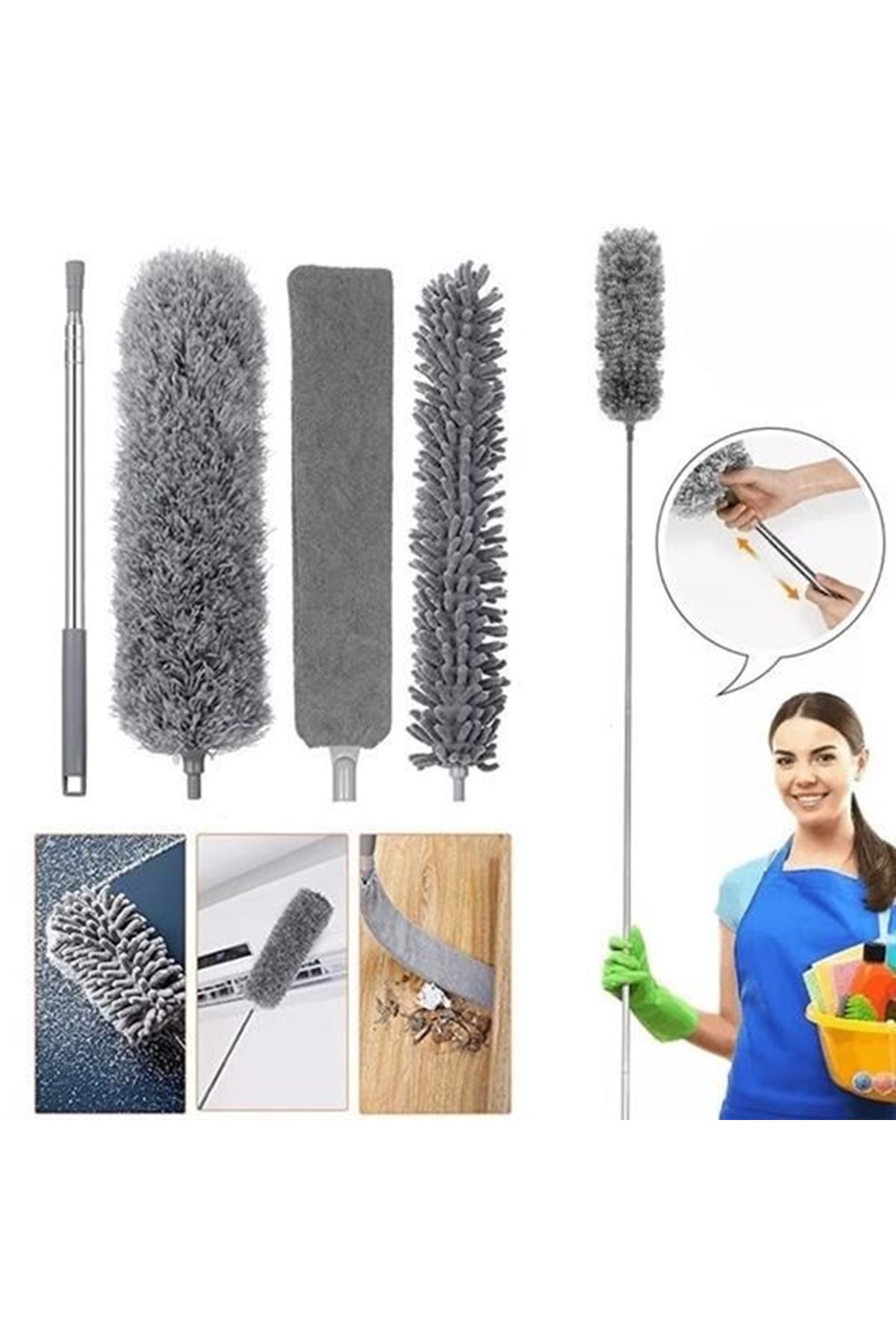 Tbl Dekor® Teleskopik 3'lü Mop Toz Alma Püskülü Çok Fonksiyonlu Temizlik Seti