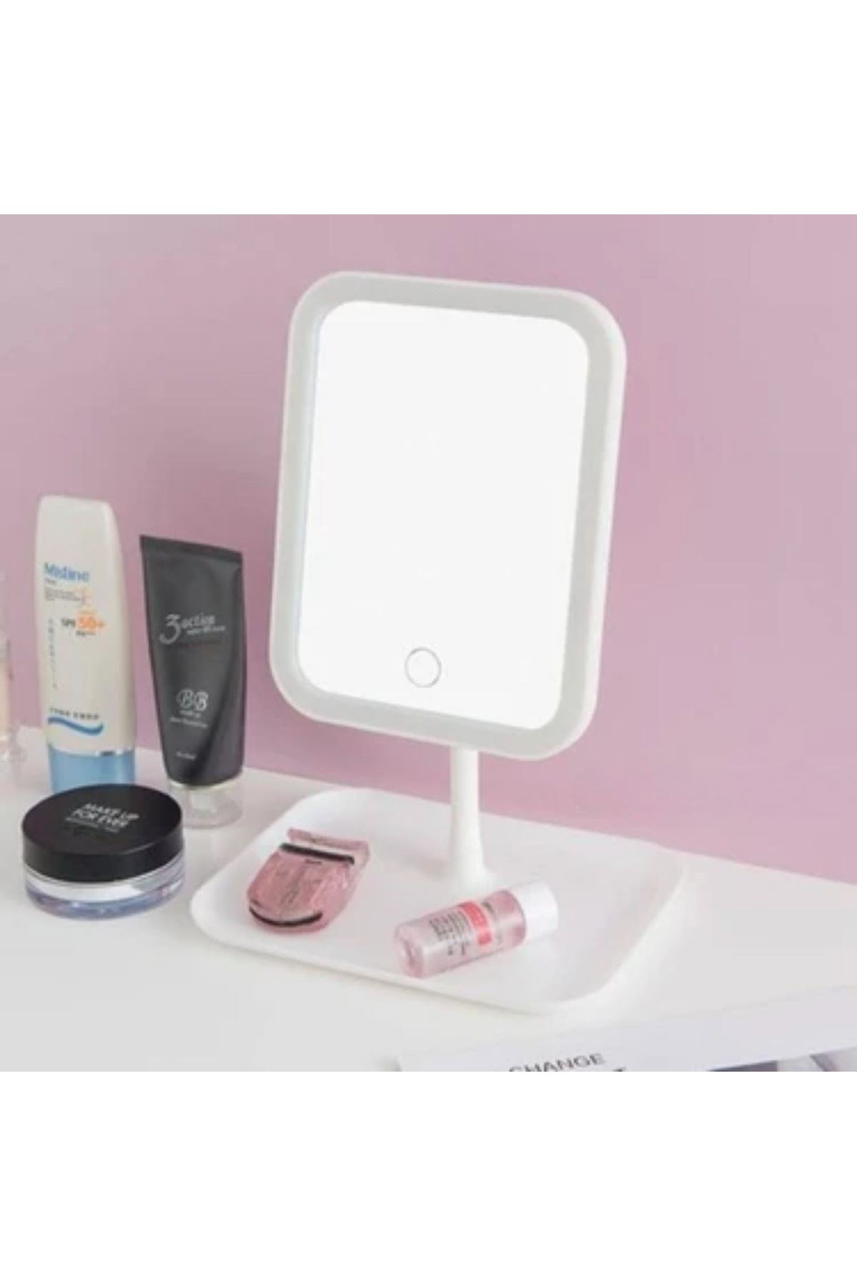 Tbl Dekor® Dokunmatik LED Işıklı Kare Makyaj Aynası – Altı Organizer Kaseli, Ayarlanabilir Aydınlatmalı Masaüstü Makyaj ve Cilt Bakım Aynası