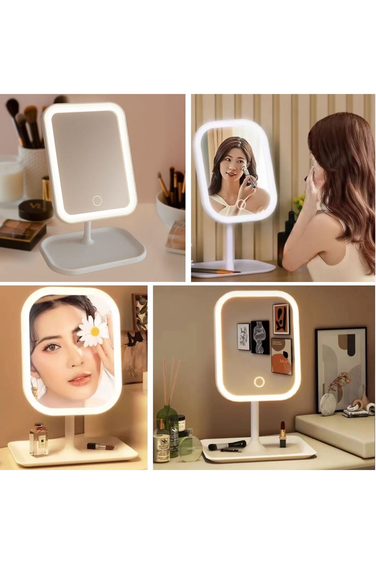 Tbl Dekor® Dokunmatik LED Işıklı Kare Makyaj Aynası – Altı Organizer Kaseli, Ayarlanabilir Aydınlatmalı Masaüstü Makyaj ve Cilt Bakım Aynası