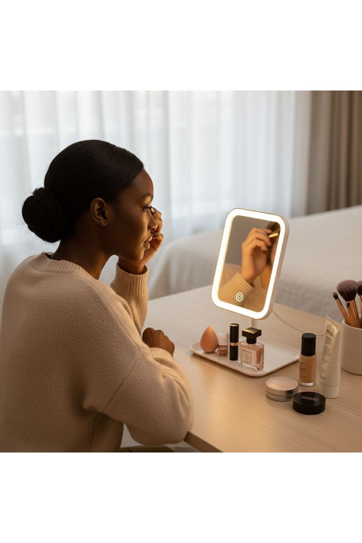 Tbl Dekor® Dokunmatik LED Işıklı Kare Makyaj Aynası – Altı Organizer Kaseli, Ayarlanabilir Aydınlatmalı Masaüstü Makyaj ve Cilt Bakım Aynası