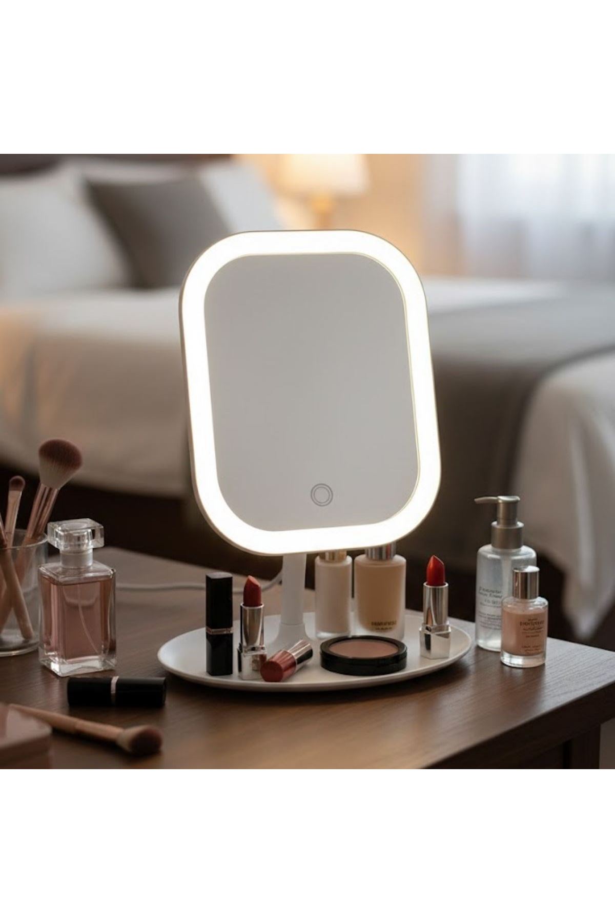 Tbl Dekor® Dokunmatik LED Işıklı Kare Makyaj Aynası – Altı Organizer Kaseli, Ayarlanabilir Aydınlatmalı Masaüstü Makyaj ve Cilt Bakım Aynası