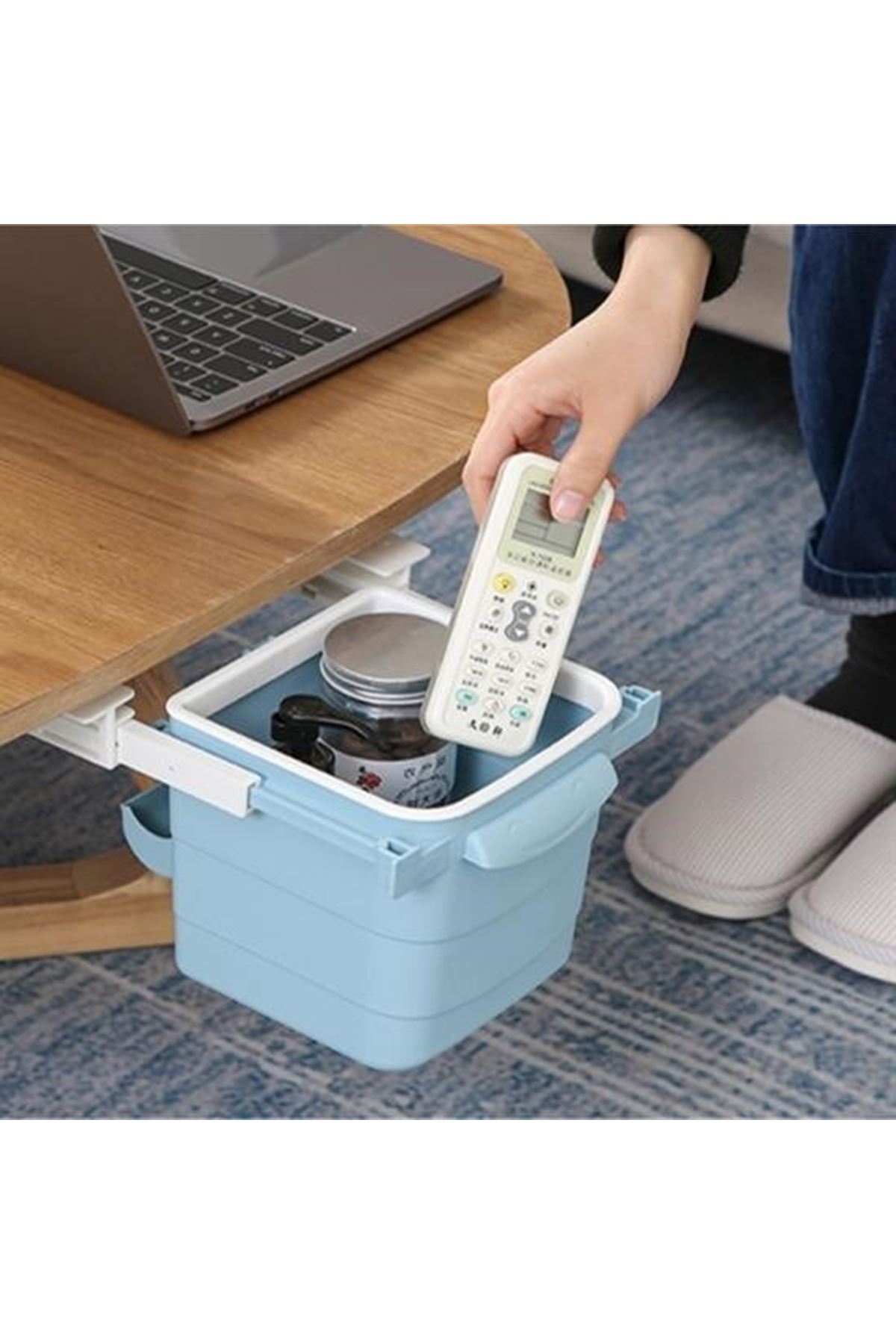 Tbl Dekor® Mini Masa Çöp Kovası Plastik Tezgah Altı Geri Çekilebilir Yapışkanlı Görünmez Bölme Pratik