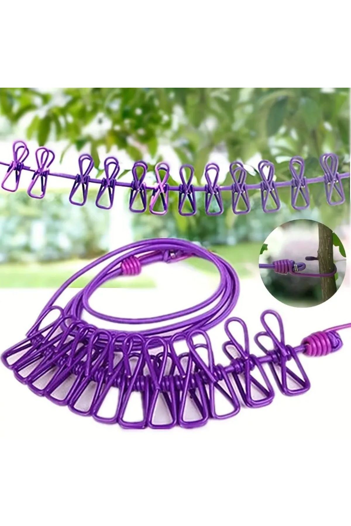 Tbl Dekor® Taşınabilir Seyahat Çamaşır İpi 12 Mandallı Klipsli Lastikli Çamaşır Mandalları