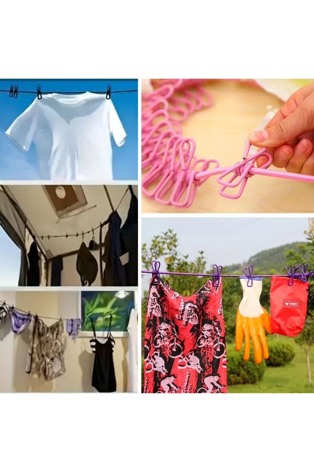 Tbl Dekor® Taşınabilir Seyahat Çamaşır İpi 12 Mandallı Klipsli Lastikli Çamaşır Mandalları