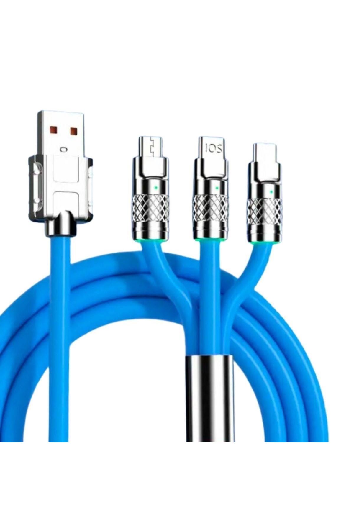 Tbl Dekor®Kutulu  3 Şarj Aleti 1 Arada Çinko Alaşım Hızlı Şarj Kablosu Mavi 3 in 1