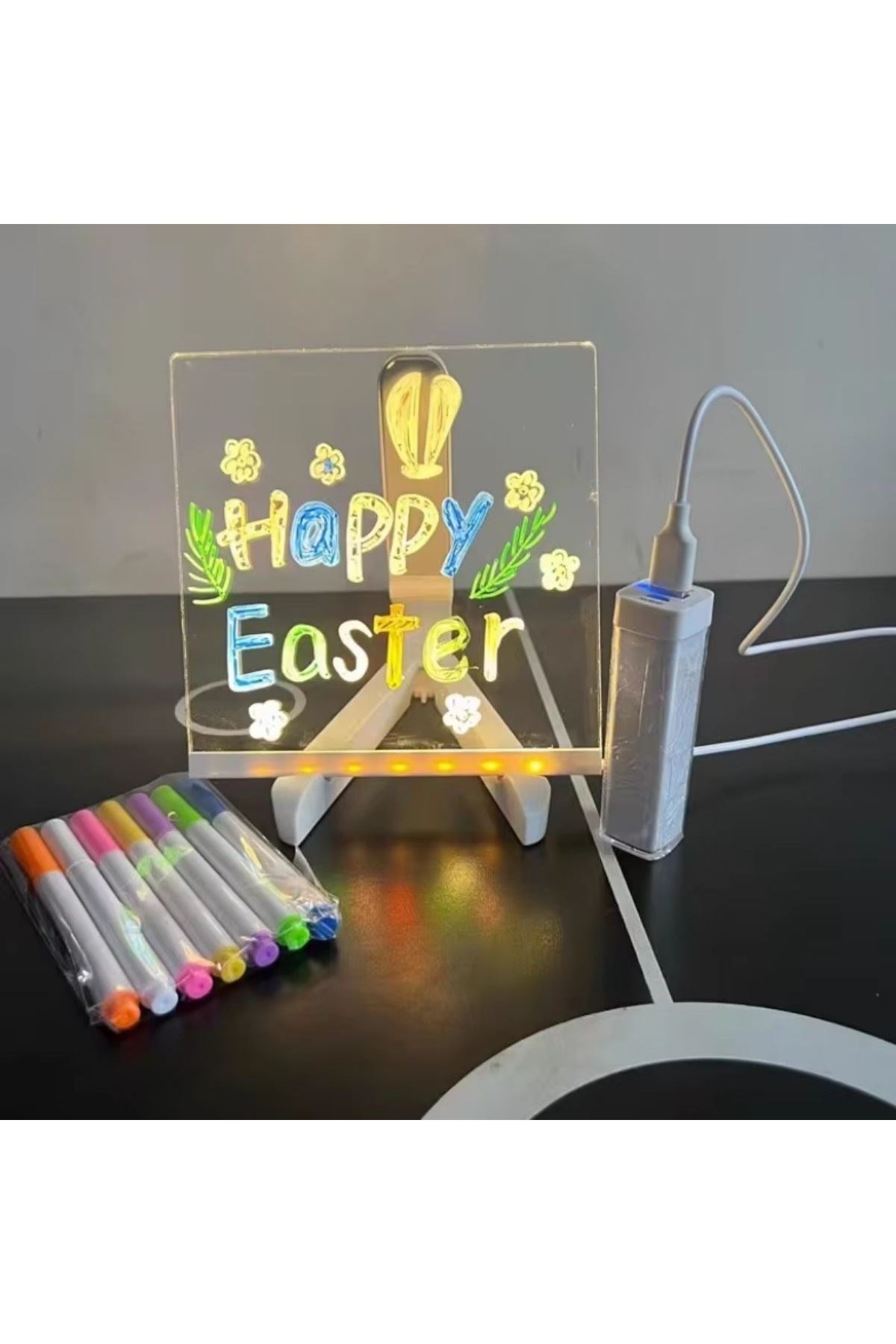 Tbl Dekor® LED Işıklı Kendiliğinden Renkli Fosforlu Kalemli Kare Yazı Panosu 20x20 cm