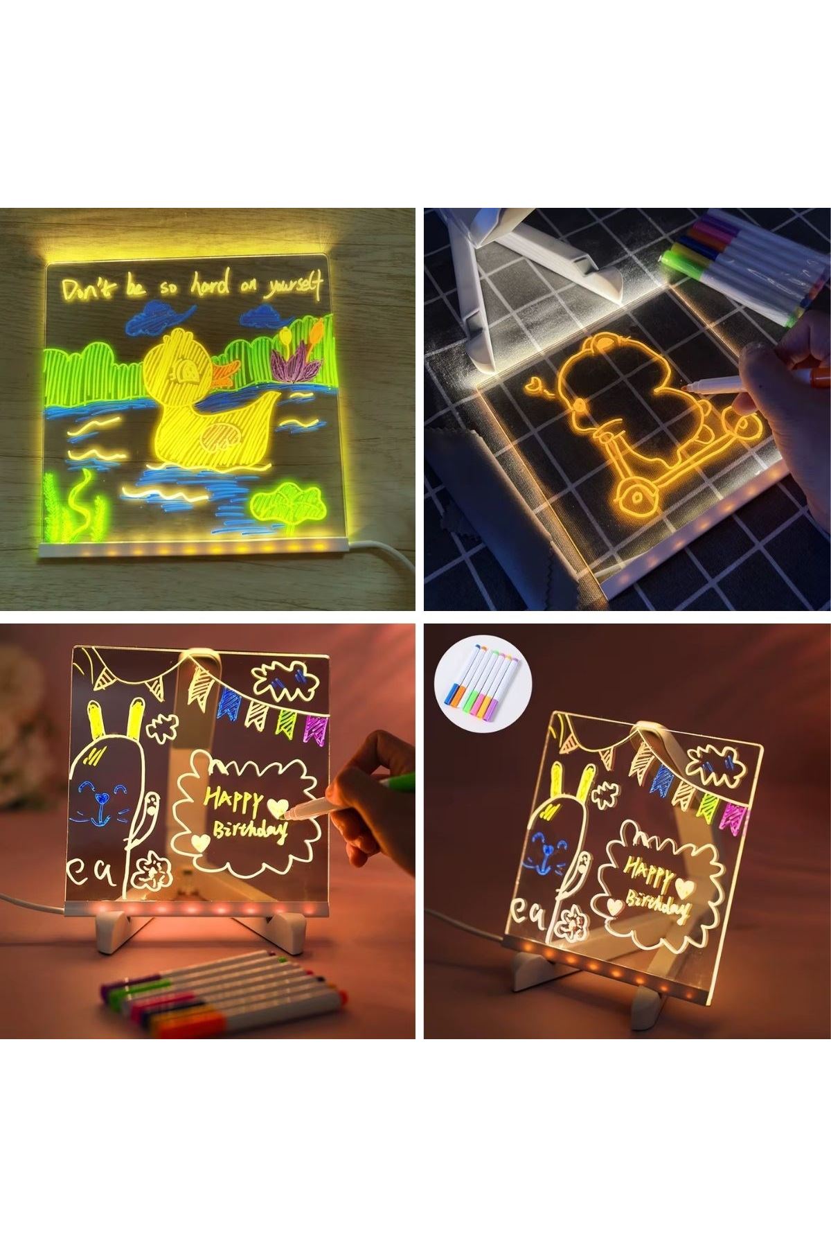 Tbl Dekor® LED Işıklı Kendiliğinden Renkli Fosforlu Kalemli Kare Yazı Panosu 20x20 cm