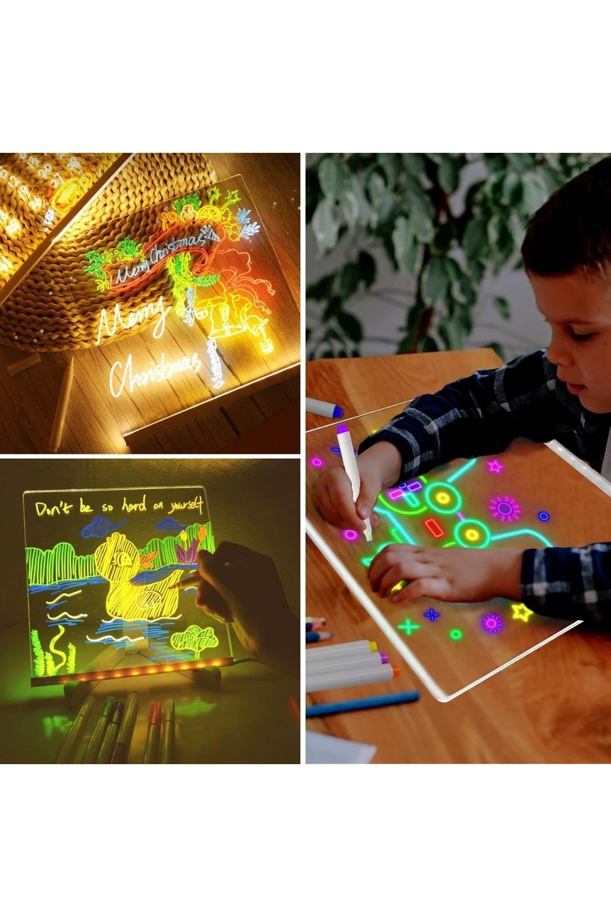 Tbl Dekor® LED Işıklı Kendiliğinden Renkli Fosforlu Kalemli Kare Yazı Panosu 20x20 cm
