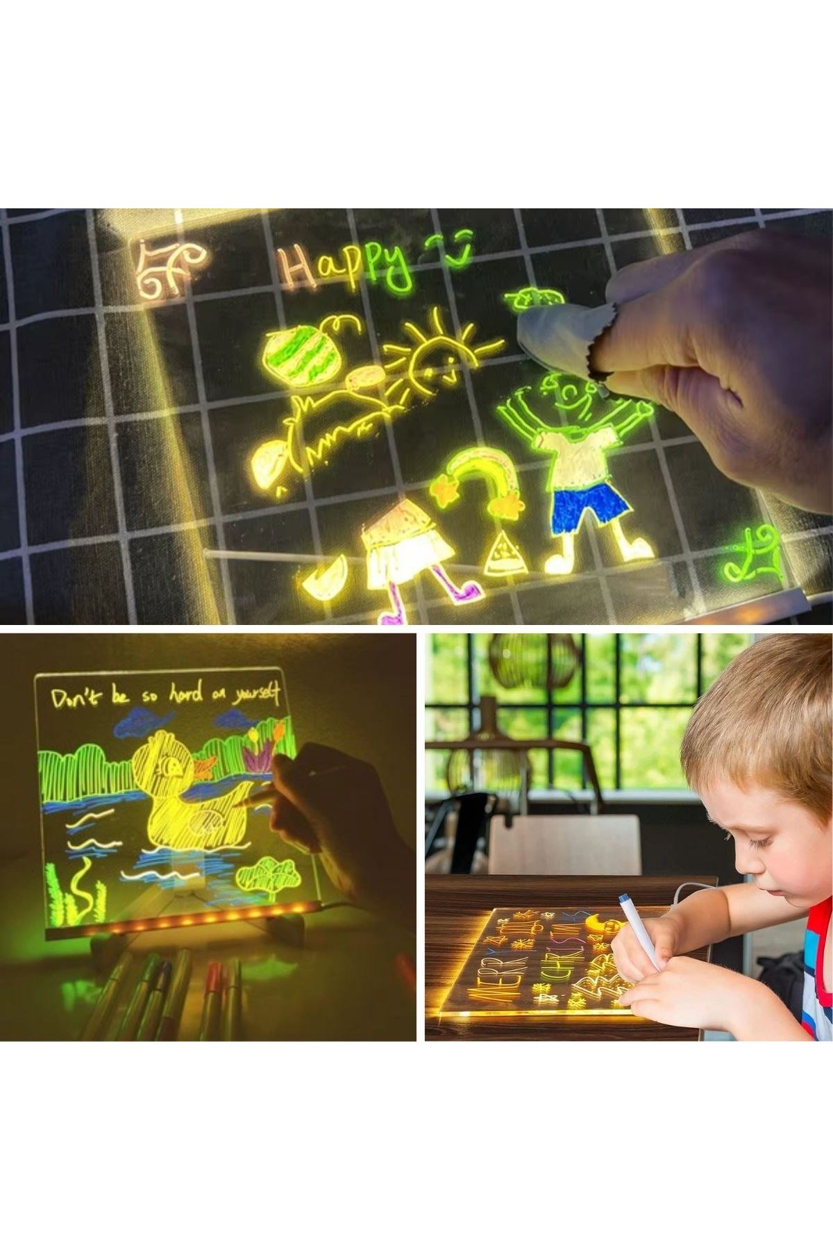 Tbl Dekor® LED Işıklı Kendiliğinden Renkli Fosforlu Kalemli Kare Yazı Panosu 20x20 cm