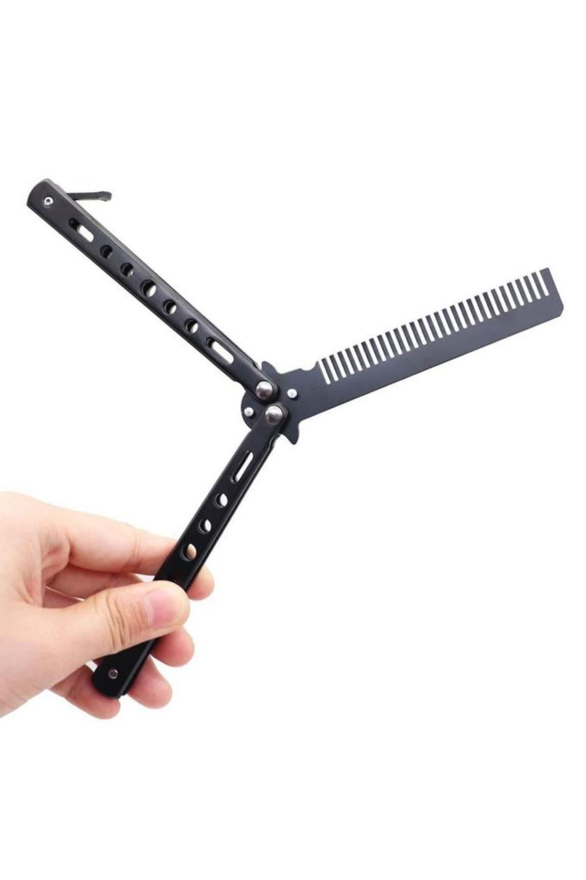 Tbl Dekor® Siyah Katlanabilir Paslanmaz Çelik Kelebek Bıçak Tarak Sakal Bıyık Fırçası Profesyonel Saç Kesimi İçin Tarak