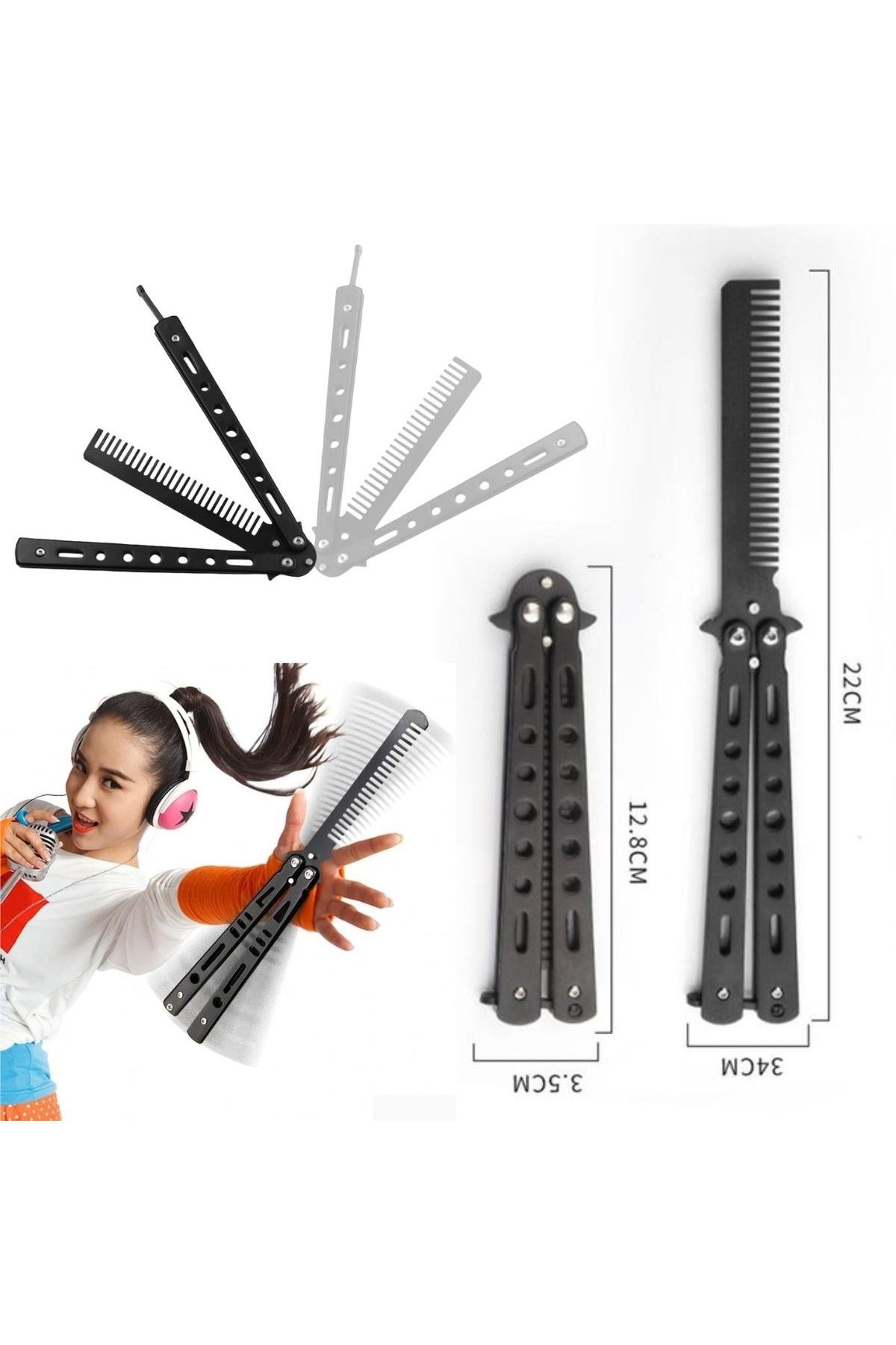 Tbl Dekor® Siyah Katlanabilir Paslanmaz Çelik Kelebek Bıçak Tarak Sakal Bıyık Fırçası Profesyonel Saç Kesimi İçin Tarak