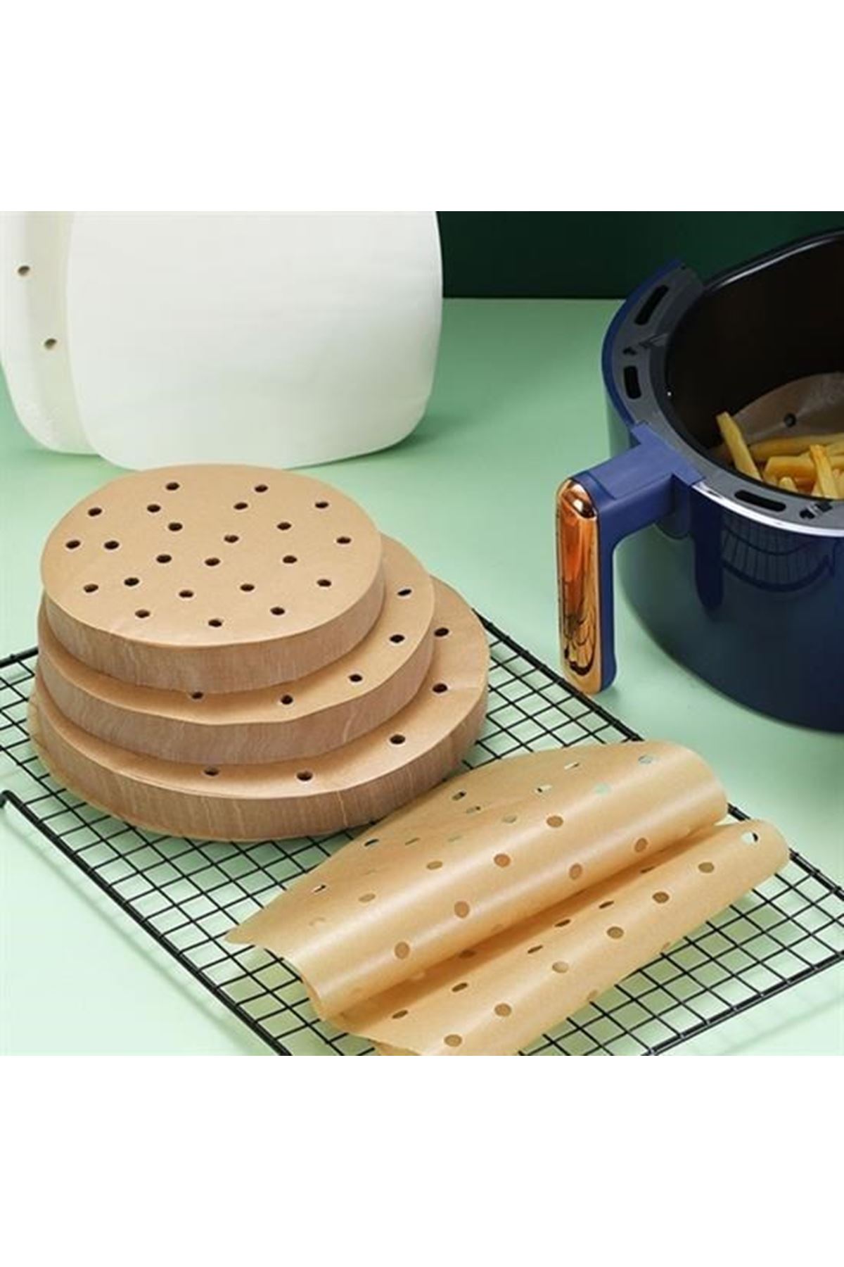 Tbl Dekor® 50 Adet Air Fryer Pişirme Kağıdı Tek Kullanımlık Gıda Pişirme Kağıdı Delikli Yuvarlak Model
