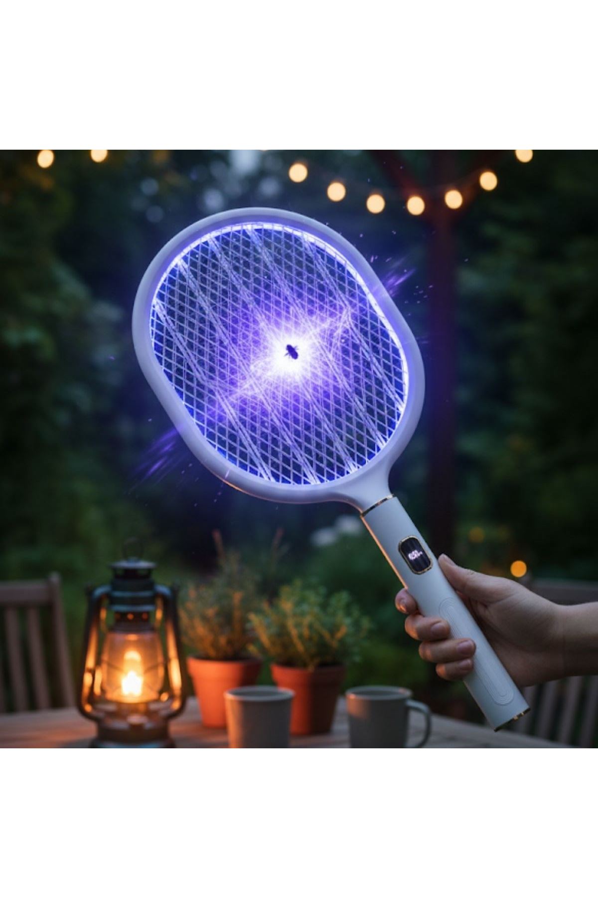 Tbl Dekor® USB Şarjlı Beyaz Renk Kendiliğinden Standlı Şarj Göstergeli UV Işıklı Sinek Öldürme Raketi LTD-718