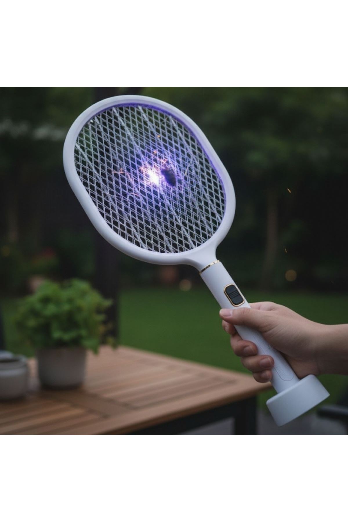 Tbl Dekor® USB Şarjlı Beyaz Renk Kendiliğinden Standlı Şarj Göstergeli UV Işıklı Sinek Öldürme Raketi LTD-718
