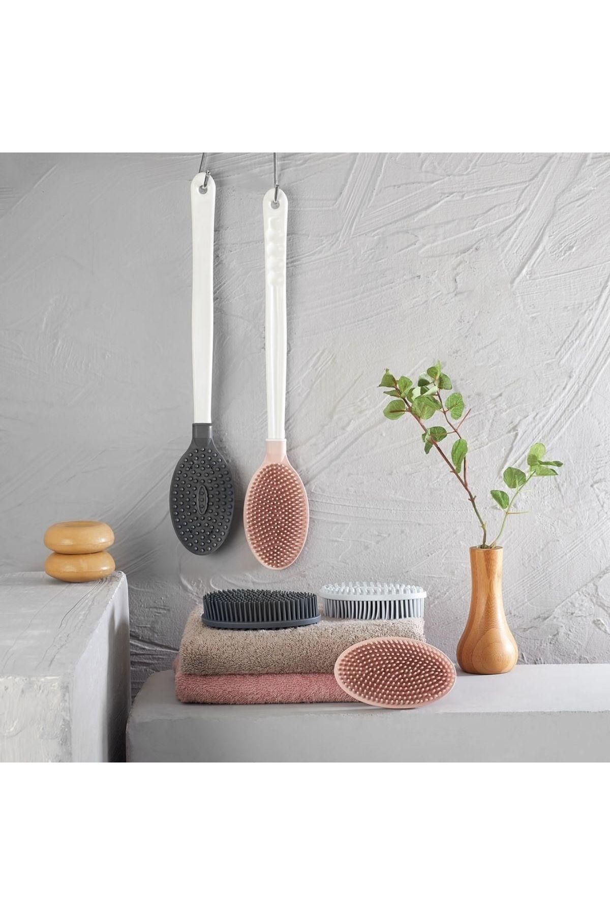 Tbl Dekor® Silikon Masajlı Uzun Saplı Vücut Masaj Fırçası Banyo Sırt Kesesi Saplı Yumuşak Fırça
