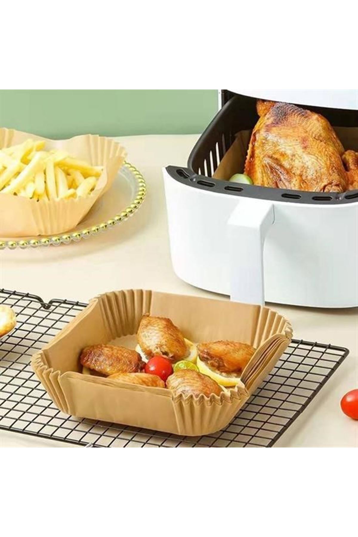 Tbl Dekor® 100 Adet Air Fryer Pişirme Kağıdı Tek Kullanımlık  Gıda Yağlı Kağıdı Kare Tabak Model