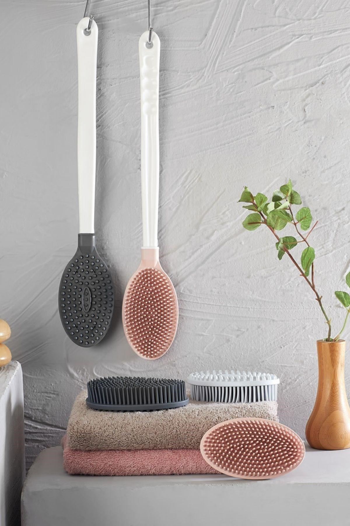 Tbl Dekor® Silikon Masajlı Uzun Saplı Vücut Masaj Fırçası Banyo Sırt Kesesi Saplı Yumuşak Fırça