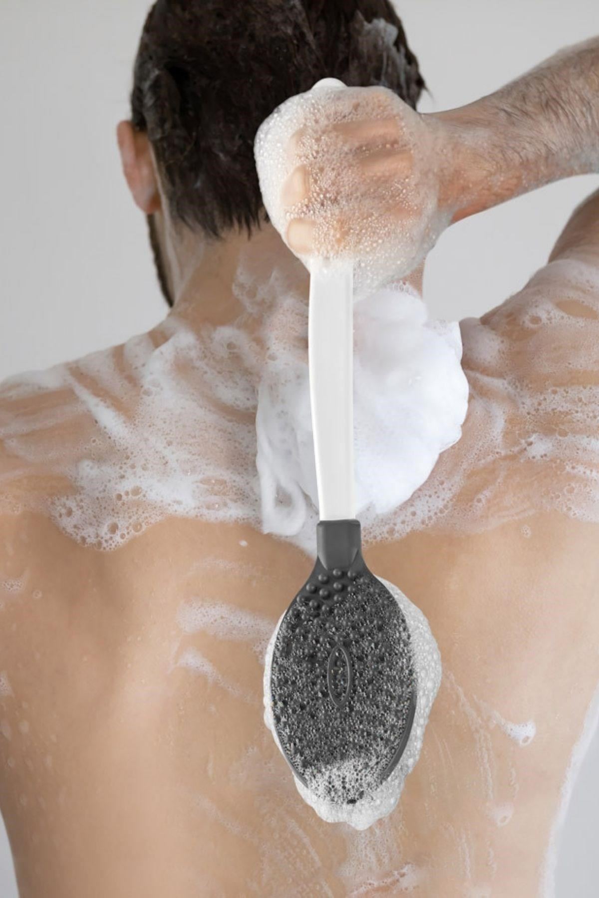 Tbl Dekor® Silikon Masajlı Uzun Saplı Vücut Masaj Fırçası Banyo Sırt Kesesi Saplı Yumuşak Fırça