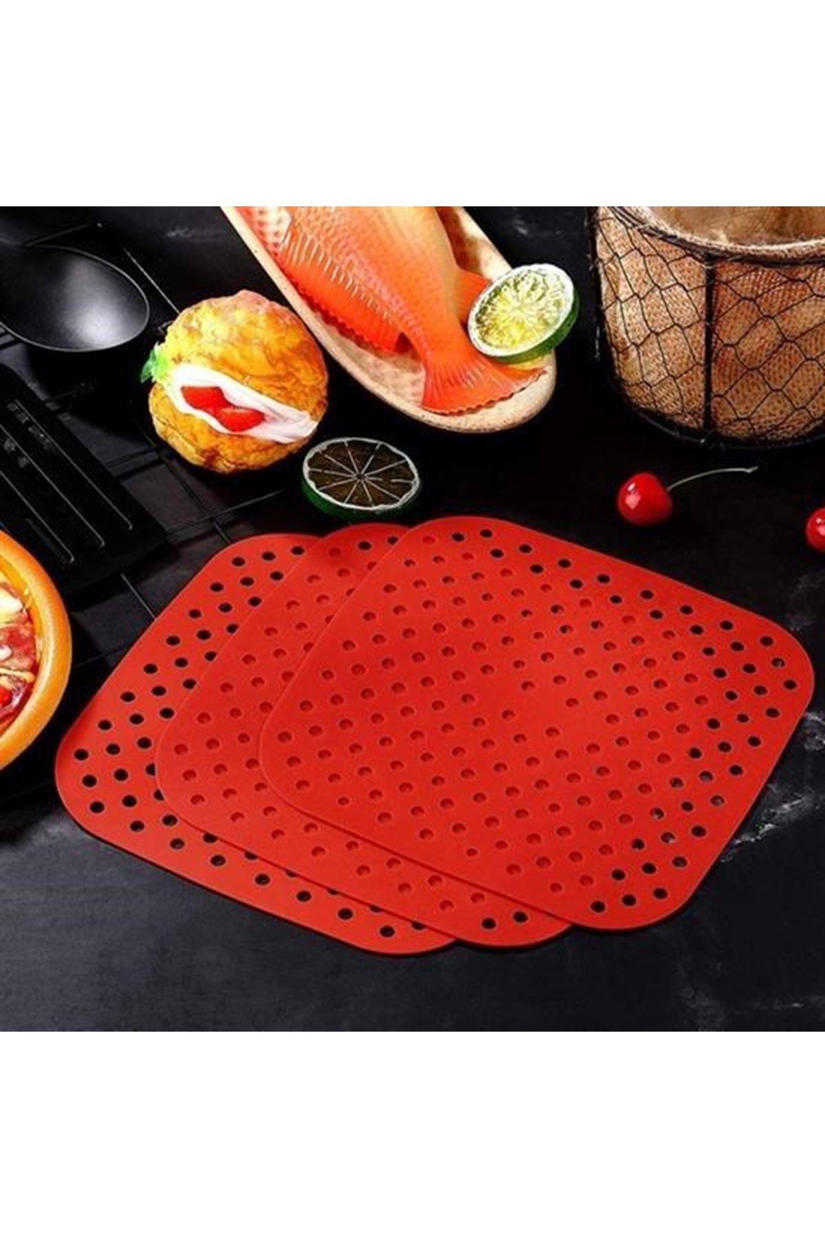 Tbl Dekor® Renkli Isıya Dayanıklı Yıkanılabilir Silikon Fırın Ve Airfryer Kare Pişirme Matı 21,5 Cm