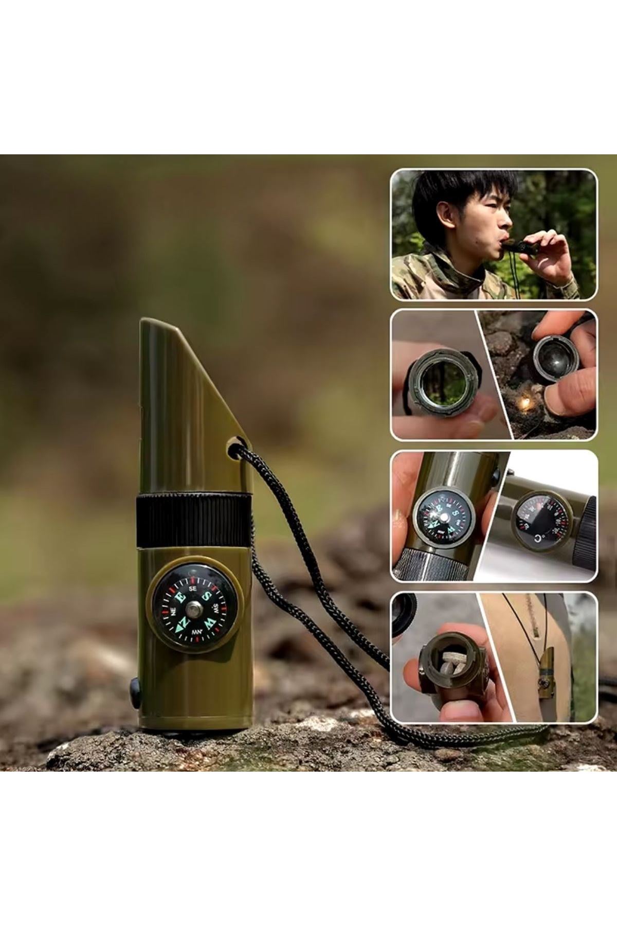 Tbl Dekor® 7si 1arada Acil Durum Düdüğü,El Feneri, Termometre,Pusula,Büyüteç,Depolama Bölmeli Kampçı Düdüğü