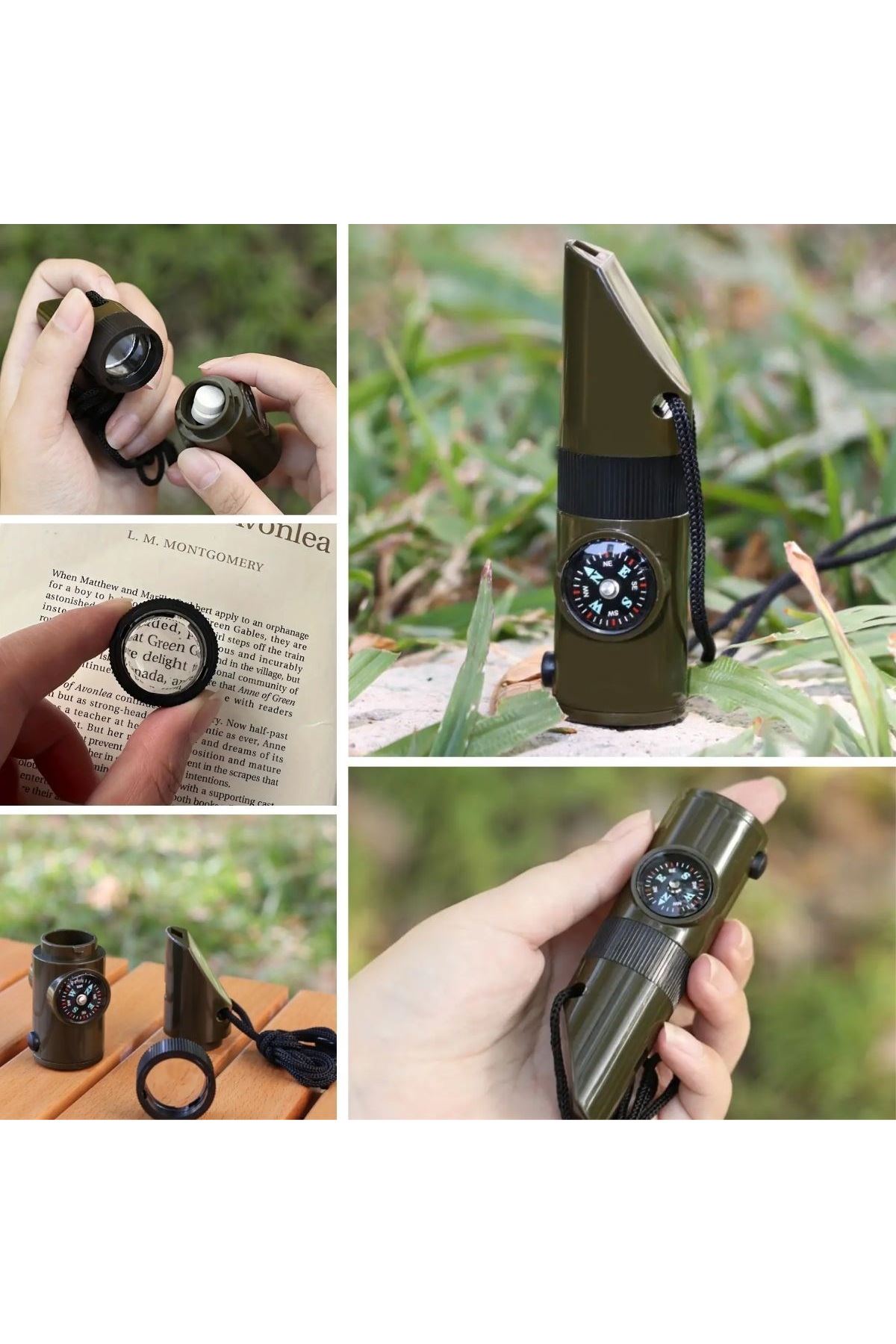 Tbl Dekor® 7si 1arada Acil Durum Düdüğü,El Feneri, Termometre,Pusula,Büyüteç,Depolama Bölmeli Kampçı Düdüğü