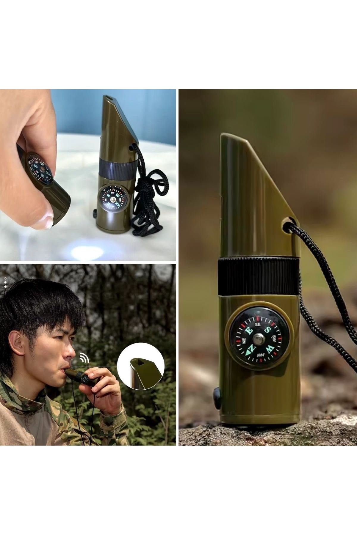 Tbl Dekor® 7si 1arada Acil Durum Düdüğü,El Feneri, Termometre,Pusula,Büyüteç,Depolama Bölmeli Kampçı Düdüğü