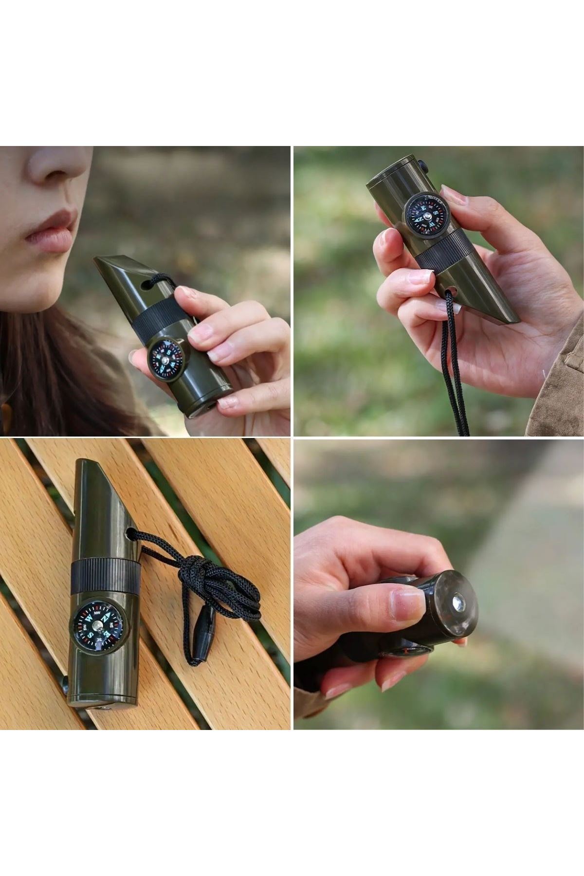 Tbl Dekor® 7si 1arada Acil Durum Düdüğü,El Feneri, Termometre,Pusula,Büyüteç,Depolama Bölmeli Kampçı Düdüğü