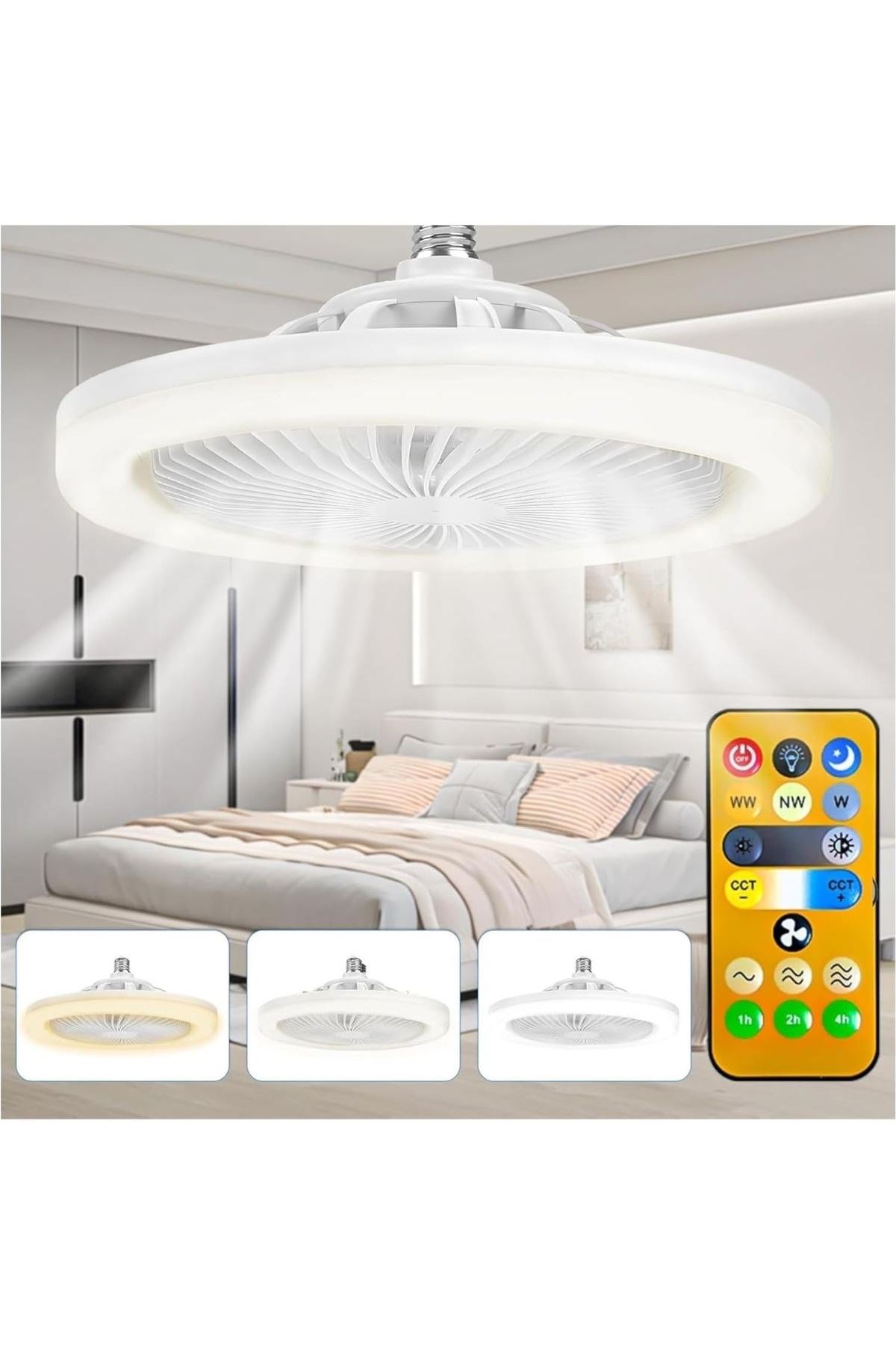 Tbl Dekor®E27 Duylu 3 Farklı Işık Modlu ve 3 Seviye Fan Güçlü Uzaktan Kumandalı, Sessiz Kullanımlı, Kolay Kurulumlu,Led Işıklı Tavan Pervane Vantilatö