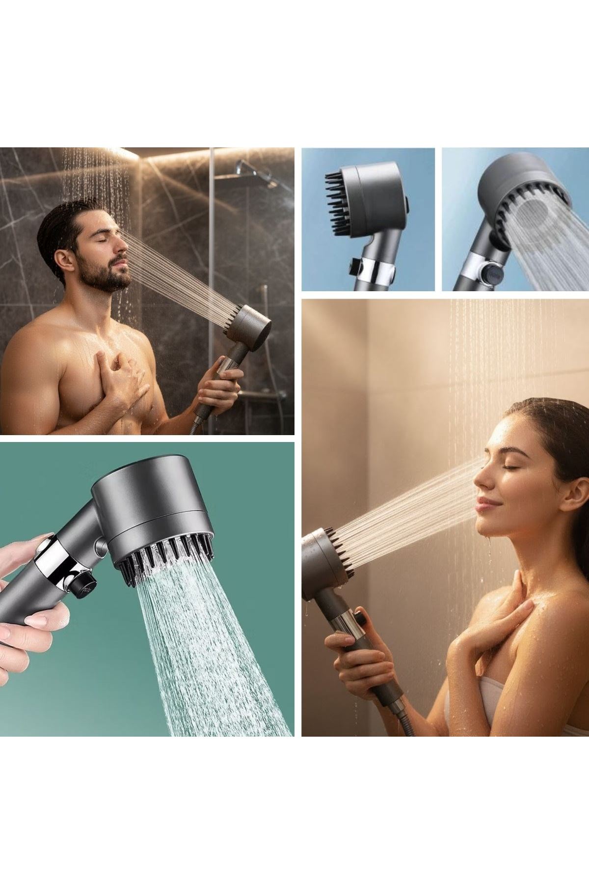Tbl Dekor® 3 Kademeli Turbo Basınçlı Masaj Başlıklı Silikon Fırçalı Duş Başlığı – Yüksek Basınçlı Su Tasarruflu Duş Başlığı