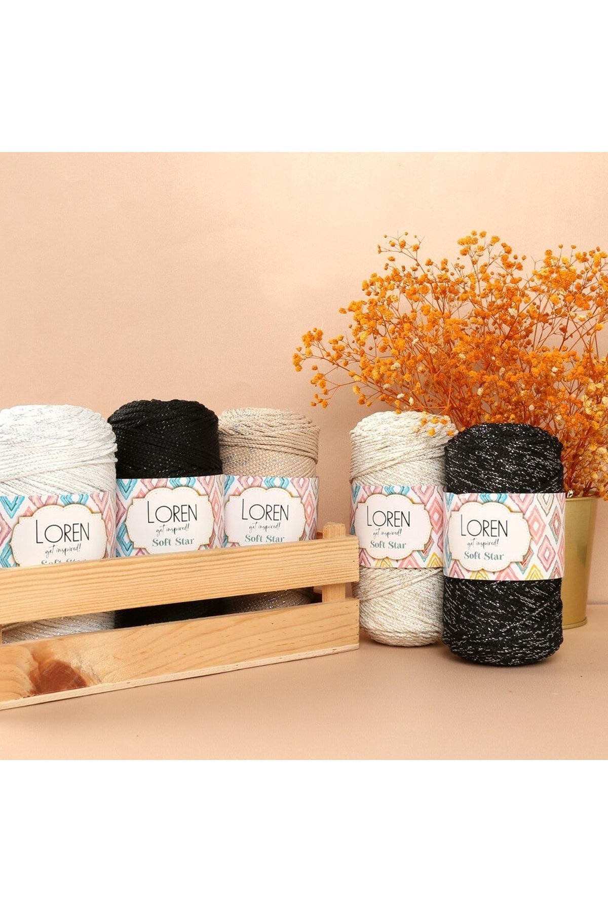 Loren Soft Star Makrome İpi Sarı Simli Krem RM103